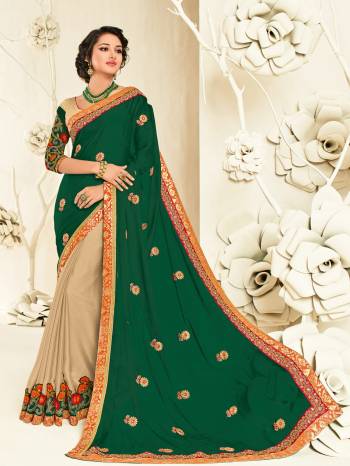 Flaunt your gorgeous look wearing this green and beige moss chiffon and georgette this beautifully designed saree will catch your attention instantly and will lend you a vibrant look. Its attractive color and designer embroidered saree, patch design, stone, heavy designer blouse, beautiful floral design work over the attire & contrast hemline adds to the look. Comes along with a contrast unstitched blouse.