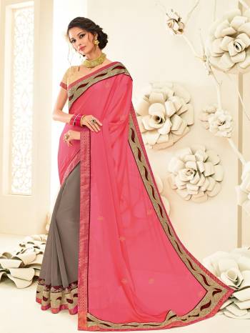 You Look elegant and stylish this festive season by draping this pink and Grey georgette Upcoming special occasion and let all eyes follow you. Look gorgeous at an upcoming any occasion after wearing the saree. Its attractive color and designer embroidered saree, stone, heavy designer blouse, beautiful floral design work over the attire & contrast hemline adds to the look. Comes along with a contrast unstitched blouse.