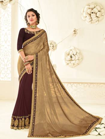 Wear this Golden And Brown moss chiffon and georgette which will make you look striking and even more beautiful. this gorgeous saree featuring a beautiful Designs. Its attractive color and designer embroidered saree, patch design, stone, heavy designer blouse, beautiful floral design work over the attire & contrast hemline adds to the look. Comes along with a contrast unstitched blouse.