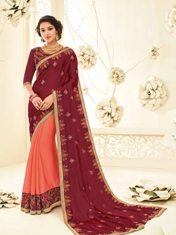 Presenting this Dark Pink And Peach moss chiffon This saree features a pretty design and is very comfortable to carry all day long. Featuring beautiful design across the border and pallu, this saree is a class apart from others. Its attractive color and designer embroidered saree, patch design, stone, heavy designer blouse, beautiful floral design work over the attire & contrast hemline adds to the look. Comes along with a contrast unstitched blouse.