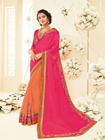 marvelously charming is what you will look at the next wedding gala wearing this beautiful Dark pink and orange moss chiffon This saree is bound to keep you comfortable throughout the day. this saree is extremely comfortable to wear. Look gorgeous at an upcoming any occasion wearing the saree. Its attractive color and designer embroidered saree, patch design, stone, heavy designer blouse, beautiful floral design work over the attire & contrast hemline adds to the look. Comes along with a contrast unstitched blouse.