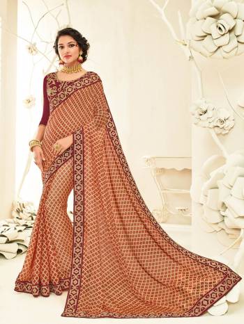 Vibrant and visually appealing, this Beige And Red  Georgette brasso Featuring a beautiful designs. this saree is designed as per the latest trends to keep you in sync with fashion. Its attractive color and designer embroidered saree, patch design, stone, heavy designer blouse, beautiful floral design work over the attire & contrast hemline adds to the look. Comes along with a contrast unstitched blouse.