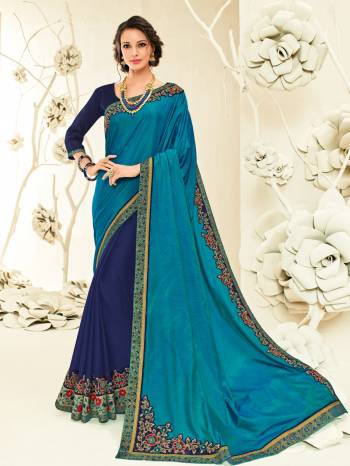 Look your ethnic best by wearing this Blue & Navy Blue silk and chiffon Look gorgeous at an upcoming any occasion after wearing this saree. This beautiful saree features a classy Design. this saree is extremely comfortable to wear. Its attractive color and designer embroidered saree, patch design, stone, heavy designer blouse, beautiful floral design work over the attire & contrast hemline adds to the look. Comes along with a contrast unstitched blouse.