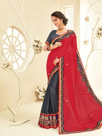 The fabulous pattern makes this saree a classy number to be included in your wardrobe. Dark Pink and grey moss chiffon saree is designed as per the latest trends to keep you in sync with fashion. This saree features a pretty design and is very comfortable to carry all day long. Its attractive color and designer embroidered saree, patch design, stone, heavy designer blouse, beautiful floral design work over the attire & contrast hemline adds to the look. Comes along with a contrast unstitched blouse.