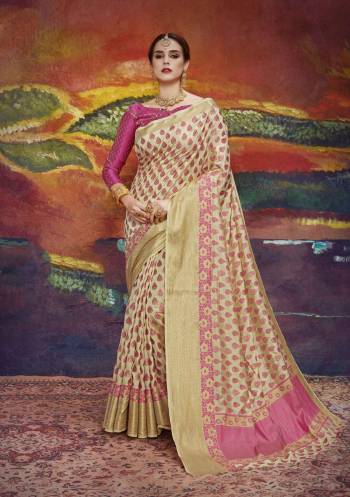 Simple and Elegant Looking Saree Is Here With This Pretty Beige Colored Saree Paired With Magenta Pink Colored Blouse. This Saree And Blouse Are Fabricated On Nylon Art Silk Beautified With Weave All Over. This Saree Will Definitely Earn you Lots Of Compliments From Onlookers.