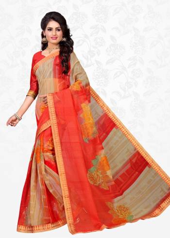 Here Is A Pretty Attractive Saree For Your Casual Wear In Beige And Orange Color Paired With Orange Colored Blouse. This Saree Is Fabricated On Cotton Silk Paired With Art Silk Fabricated Blouse. It Is Beautified With Prints And Lace Border. Buy Now.