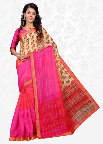 Look Pretty In This Pink And Cream Colored Saree Paired With Pink Colored Blouse. This Saree Is Fabricated On Cotton Silk Paired With Art Silk Fabricated Blouse. It Is Beautified With Prints All Over It. Buy Now.