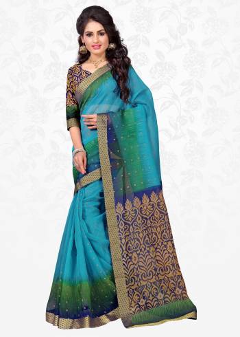 Grab This Pretty saree In Blue Color Paired With Multi Colored Blouse. This Saree Is Fabricated On Cotton Silk Paired With Art Silk Fabricated Blouse. It Is Light Weight And Easy To Carry All Day Long. Buy Now.