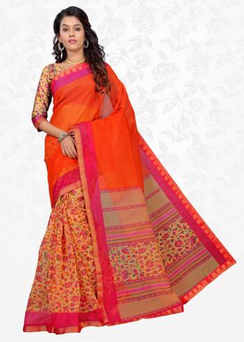 Beat The Heat Wearing This Bright Colored Saree On Orange And Multi Paired With Multi Colored Blouse. This Saree Is Fabricated On Cotton Silk Paired With Art Silk Fabricated Blouse. It Has Pretty Floral Prints Over The Border. Buy Now.