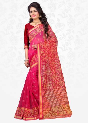 Look Pretty In This Pink Colored Saree Paired With Maroon Colored Blouse. This Saree Is Fabricated On Cotton Silk Paired With Art Silk Fabricated Blouse. It Is Beautified With Prints All Over It. Buy Now.