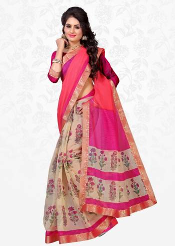 Look Pretty In This Pink And Off-White Colored Saree Paired With Dark Pink Colored Blouse. This Saree Is Fabricated On Cotton Silk Paired With Art Silk Fabricated Blouse. It Is Beautified With Prints All Over It. Buy Now.