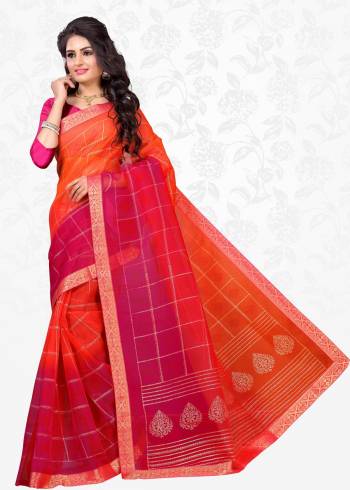 Beat The Heat Wearing This Bright Colored Saree On Orange And Dark Pink Paired With Dark Pink Colored Blouse. This Saree Is Fabricated On Cotton Silk Paired With Art Silk Fabricated Blouse. It Has Pretty Floral Prints Over The Border. Buy Now.