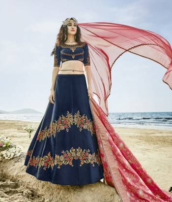 For A Bold And Beautiful Look, Grab This Designer Lehenga Choli In Dark Blue Color Paired With Two Dupattas In Pink Color. Its Blouse And Lehenga Are Fabricated On Art Silk Paired With One Net And Another Banarasi Art Silk Dupatta. All Its Fabrics Ensures Superb Comfort All Day Long. Buy Now.