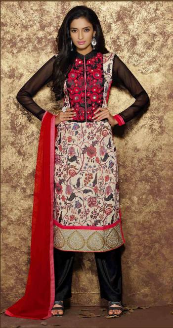 Go Colorful With This Suit In Multi Colored Top Paired With Black Colored Bottom And Red Colored Dupatta. Its Top IS Fabricated On Cotton And Chiffon Paired With Cotton Bottom And Chiffon Dupatta. Its All Three Fabrics Ensures Superb Comfort All Day Long.