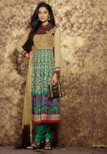 Celebrate This Festive Season wearing This Designer Suit In Beige And Green Color Paired With Green colored Bottom And Beige Colored Dupatta. Its Top And Bottom Are Fabricated On Cotton Paired With Chiffon Dupatta. Buy This Embroidered Suit Now.