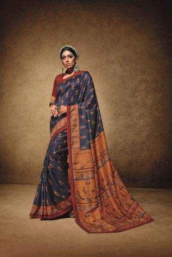 Resemble and Bold and Beautiful Personality Wearing This Saree In Blue Color Paired With Contrasting Maroon Colored Blouse. This Saree Is Fabricated On Tussar Art Silk Paired With Art Silk Fabricated Blouse. It Has Beautiful Prints All Over The Saree. Buy Now.