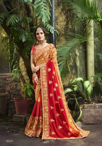 Beat The Heat With Bright And Attractive Colored Attire. Grab This Designer Saree In Orange And Dark Pink Color Paired With Dark Pink Colored Blouse. This Saree And Blouse Are Fabricated On Art Silk Beautified With Embroidery All Over It. Buy Now.