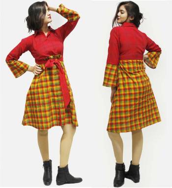 Go Colorful With This Pretty Attractive Dress In Red And Yellow Color Fabricated On Cotton Beautified With Checks Prints. This Readymade Kurti Is Available In Many Sizes. Buy Now.