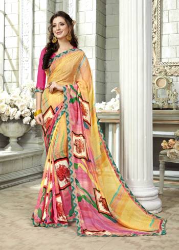 Bright And Attractive Saree Is Here With This Saree In Yellow Color Paired With Contrasting Pink Colored Blouse. This Saree Is Fabricated On Georgette Paired With Art Silk Fabricated Blouse. It Is Light Weight And easy To Drape. 