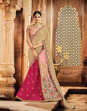 Look like an epitome of sheer granduer and feminine elegance in this pink floral ornamented lehenga . Add a vintage style choker necklace and statement earrings to add on to the magnificence. 