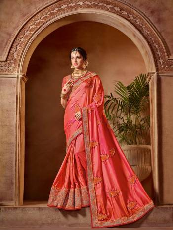 Flaunt a new ethnic look wearing this pink color two tone silk saree. this party wear saree won't fail to impress everyone around you. this gorgeous saree featuring a beautiful mix of designs. Its attractive color and designer embroidered design, patch design, stone, beautiful floral design work over the attire & contrast hemline adds to the look. Comes along with a contrast unstitched blouse.