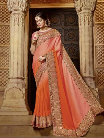 you Look striking and stunning afler wearing this Peach And Orange color shaded bright georgette saree. look gorgeous at an upcoming any occasion wearing the saree. this party wear saree won't fail to impress everyone around you. Its attractive color and designer embroidered design, patch design, stone, beautiful floral design work over the attire & contrast hemline adds to the look. Comes along with a contrast unstitched blouse.