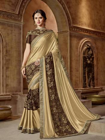 You can this amazing saree nd look pretty like never before. wearing this gold and brown color glitter lycra and net with heavy work saree. this gorgeous saree featuring a beautiful mix of designs. look gorgeous at an upcoming any occasion wearing the saree. Its attractive color and designer embroidered design, stone, beautiful floral design work over the attire & contrast hemline adds to the look. Comes along with a contrast unstitched blouse.