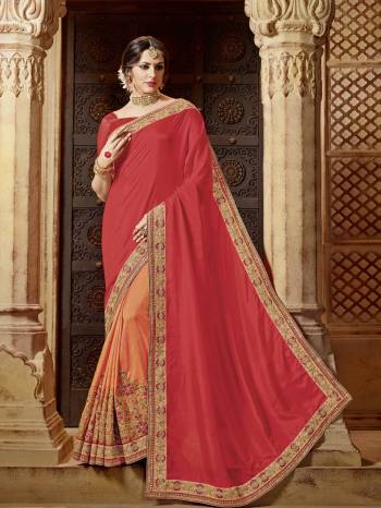 Flaunt a new ethnic look wearing this red and orange color glitter lycra and net with heavy work saree. Ideal for party, festive & social gatherings. this gorgeous saree featuring a beautiful mix of designs. Its attractive color and designer embroidered design, patch design, stone, beautiful floral design work over the attire & contrast hemline adds to the look. Comes along with a contrast unstitched blouse.