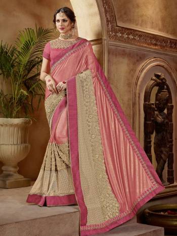 The fabulous pattern makes this pink and beige color glitter lycra and net with heavy  saree. Ideal for party, festive & social gatherings. this gorgeous saree featuring a beautiful mix of designs. Its attractive color and designer embroidered design, patch design, stone, beautiful floral design work over the attire & contrast hemline adds to the look. Comes along with a contrast unstitched blouse.