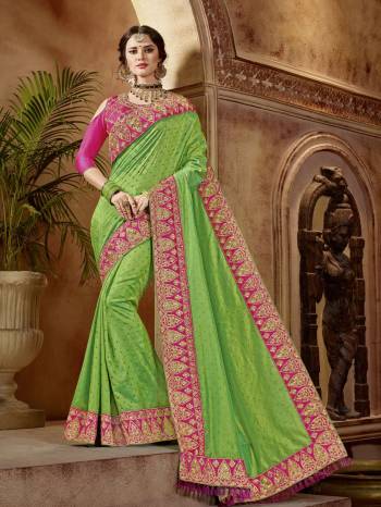 Presenting this green color two tone silk saree. Ideal for party, festive & social gatherings. this gorgeous saree featuring a beautiful mix of designs. Its attractive color and designer embroidered design, stone, beautiful floral design work over the attire & contrast hemline adds to the look. Comes along with a contrast unstitched blouse.