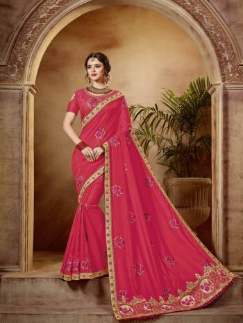 Change your wardrobe and get classier outfits like this gorgeous Dark Pink color two tone silk saree. Ideal for party, festive & social gatherings. this gorgeous saree featuring a beautiful mix of designs. Its attractive color and designer embroidered design, patch design, stone, beautiful floral design work over the attire & contrast hemline adds to the look. Comes along with a contrast unstitched blouse.