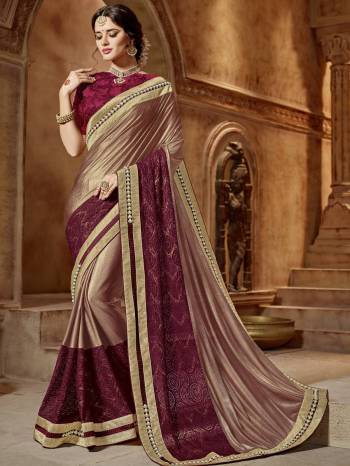 Attractively Gorgeous mesmerizing is what you will look at the next wedding gala wearing this beautifu Copper and maroon color two tone glitter lycra saree. Ideal for party, festive & social gatherings. this gorgeous saree featuring a beautiful mix of designs. Its attractive color and designer embroidered design, stone, beautiful floral design work over the attire & contrast hemline adds to the look. Comes along with a contrast unstitched blouse.