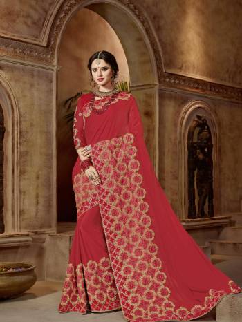 Get this amazing saree and look pretty like never before. wearing this red color bright georgette saree. Ideal for party, festive & social gatherings. this gorgeous saree featuring a beautiful mix of designs. Its attractive color and designer embroidered design, patch design, stone, beautiful floral design work over the attire & contrast hemline adds to the look. Comes along with a contrast unstitched blouse.