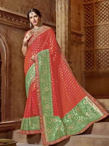 The fabulous pattern makes this saree  a classy number to be included in your wardrobe. orange and green color two tone silk with jacquard pallu saree. Ideal for party, festive & social gatherings. this gorgeous saree featuring a beautiful mix of designs. Its attractive color and designer embroidered design, stone, beautiful floral design work over the attire & contrast hemline adds to the look. Comes along with a contrast unstitched blouse.