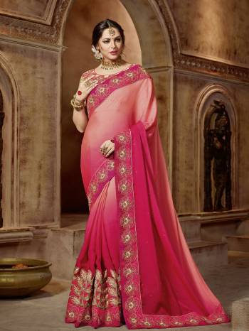 You Look elegant and stylish this festive season by draping this Shaded Pink color shaded bright georgette saree. Ideal for party, festive & social gatherings. this gorgeous saree featuring a beautiful mix of designs. Its attractive color and designer embroidered design, patch design, stone, beautiful floral design work over the attire & contrast hemline adds to the look. Comes along with a contrast unstitched blouse.