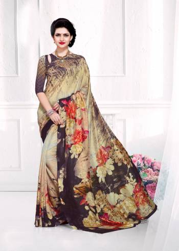 Rich Looking Saree Is Here With This Beige And Multi Colored Saree Paired With Dark Grey And Beige Colored Blouse. This Saree And Blouse Are Fabricated On Crepe Silk Beautified With Prints All Over. Buy Now.