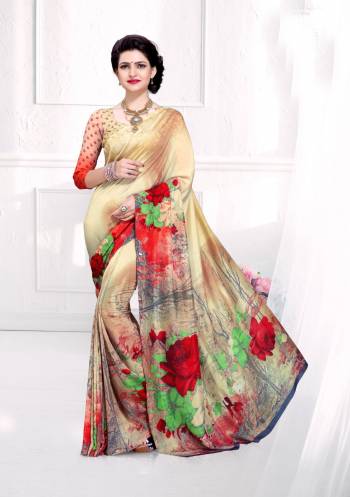 Rich Looking Saree Is Here With This Beige And Multi Colored Saree Paired With Dark Beige And Red Colored Blouse. This Saree And Blouse Are Fabricated On Crepe Silk Beautified With Prints All Over. Buy Now.