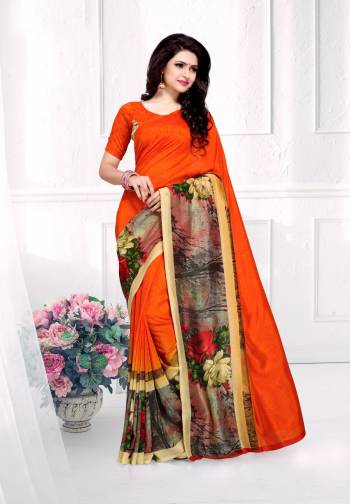 Orange Color Induces Perfect Summery Appeal To Any Outfit, So Grab This Pretty Saree In Orange Color Paired With Orange Colored Blouse. This Saree And Blouse are Fabricated On Crepe Silk Beautified With Prints All Over. This Saree Is Light Weight And Easy To Carry All Day Long.