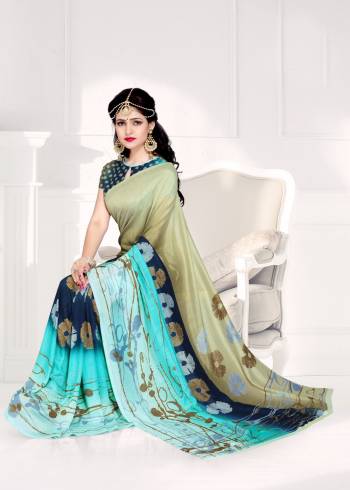 You Will Definitely Earn Lots Of Compliments Wearing This Saree In Beige And Blue Color Paired With Blue Colored Blouse. This Saree And Blouse Are Fabricated On Crepe Silk Beautified with Prints All Over. 