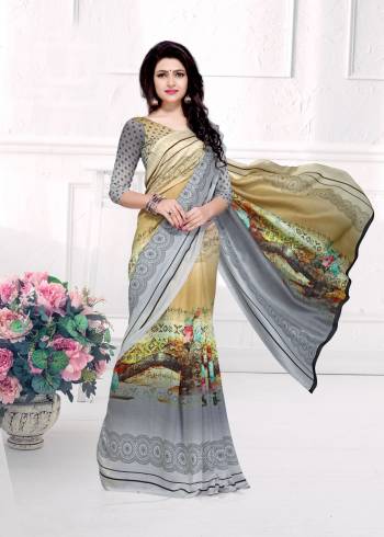 Simple And Elegant Looking Saree Is Here In Grey and Beige Color Paired With Grey And Beige Colored Blouse. This Saree And Blouse Are Fabricated On Crepe Silk Beautified With Prints. This Saree Is Light Weight And Easy To Carry All Day Long.