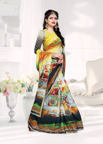 Add This Lovely Multi Colored Saree To Your Wardrobe Paired With Pink And Olive Green Colored Blouse. This Saree And Blouse Are Fabricated On Crepe Silk Beautified With Prints All Over It. Buy This Saree Now.