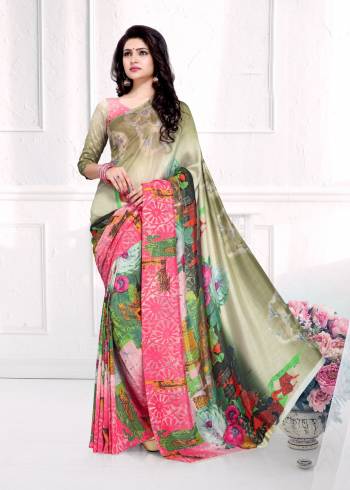 Add This Lovely Multi Colored Saree To Your Wardrobe Paired With Pink And Olive Green Colored Blouse. This Saree And Blouse Are Fabricated On Crepe Silk Beautified With Prints All Over It. Buy This Saree Now.