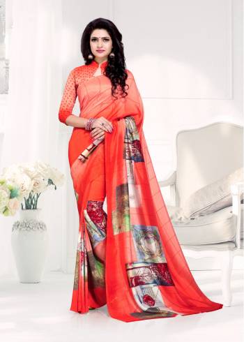 Orange Color Induces Perfect Summery Appeal To Any Outfit, So Grab This Pretty Saree In Orange Color Paired With Orange Colored Blouse. This Saree And Blouse are Fabricated On Crepe Silk Beautified With Prints All Over. This Saree Is Light Weight And Easy To Carry All Day Long.