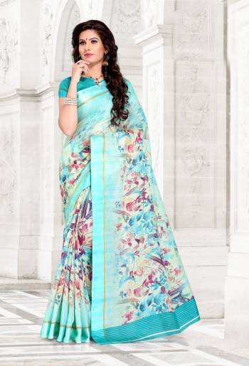 Here Is A Very Pretty Shade Of Blue With This Saree In Aqua Blue Color Paired With Blue Colored Blouse. This Saree And Blouse Are Fabricated On Chanderi Cotton Beautified With Prints All Over. 