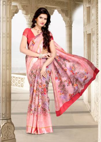 Look Pretty Wearing This Saree In Baby Pink Color Paired With Pink Colored Blouse. This Saree And Blouse Are Fabricated On Chanderi Cotton Beautified With Floral Prints All Over. 