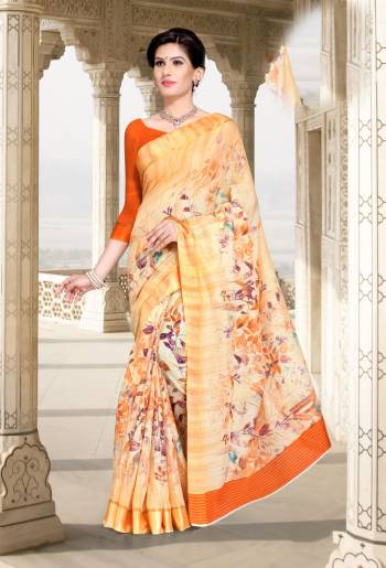 This Season Is About Subtle Shades And Pastel Play So Grab This Saree In Pastel Orange Color Paired With Orange Colored Blouse. This Saree And Blouse Are Fabricated On Chanderi Cotton Beautified With Prnts. Buy This Saree Now.