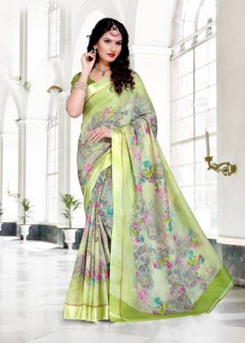 Add This Pretty Saree To Your Wardrobe In Lovely Shade Of Green With This Saree In Pastel Green Color Paired With Green Colored Blouse. This Saree And Blouse Are Fabricated On Chanderi Cotton Beautified With Multi Colored Small Floral Prints. Buy Now.