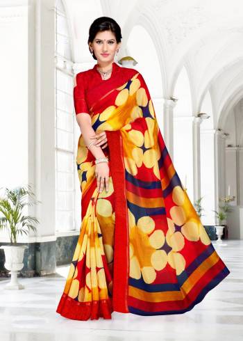 Here Is A Saree In Traditonal Colors In Yellow And Red Color Paired With Red Colored Blouse. This Saree And Blouse Are Fabricated On Chanderi Cotton Beautified With Prints All Over It. It Is Light Weight And Durable. 