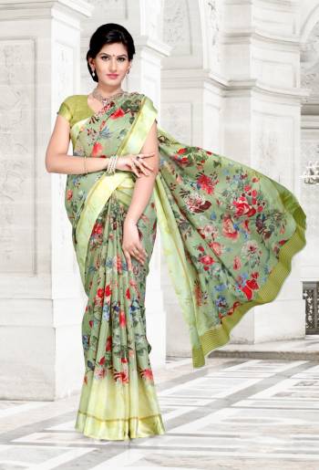 New And Pretty Shade In Green Is Here With This Saree In Mint Green Color Paired With Mint Green Colored Blouse. This Saree And Blouse Are Fabricated On Chanderi Cotton Beautified With Contrasting Colored Floral Prints All Over It.