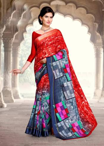 Here Is A Saree In Red And Grey Color Paired With Red Colored Blouse. This Saree And Blouse Are Fabricated On Chanderi Cotton Beautified with Abstract Prints Over The Saree. Buy This Saree Now.